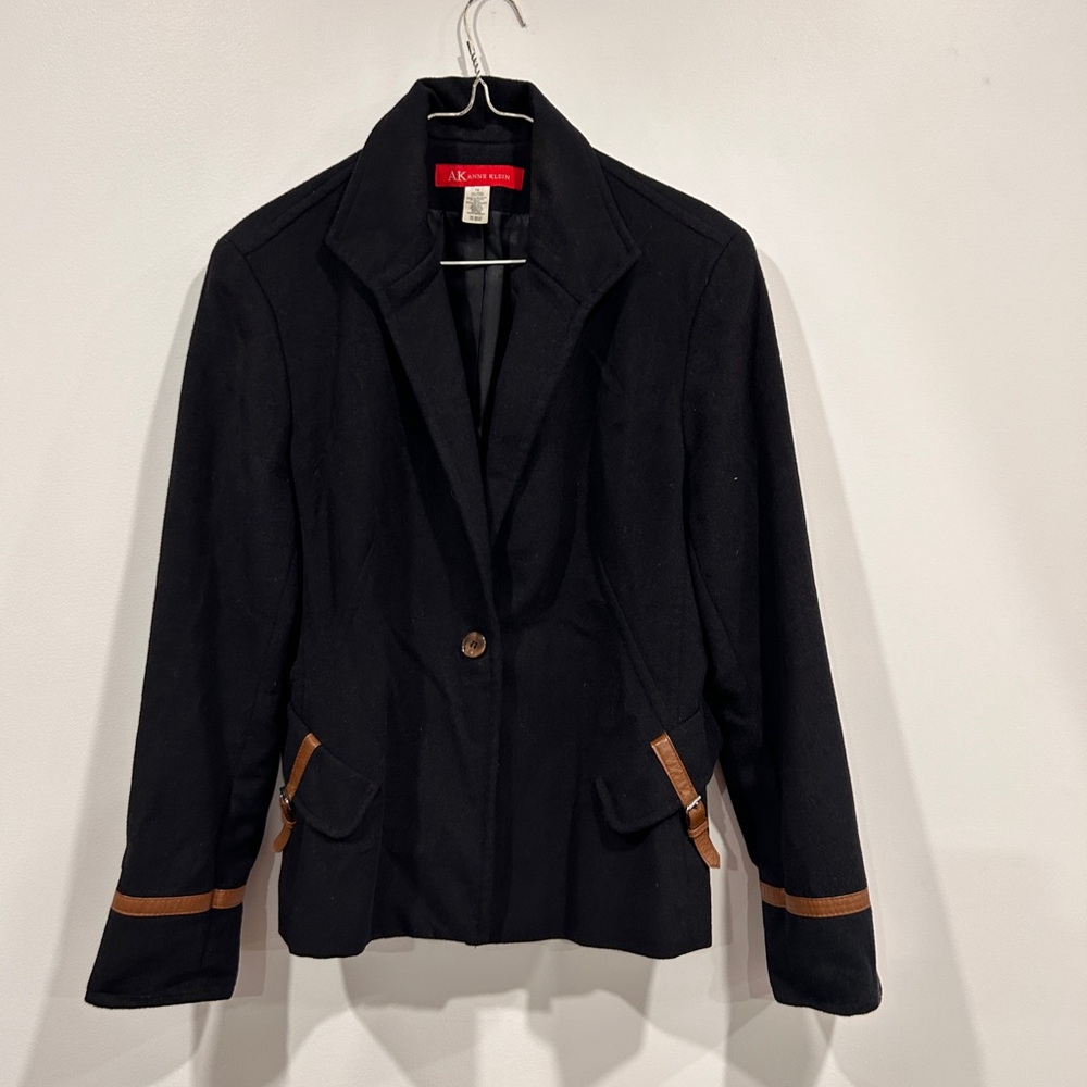 VTG Anne Klein Wool Women's Black Blazer with Brown Accents Vintage